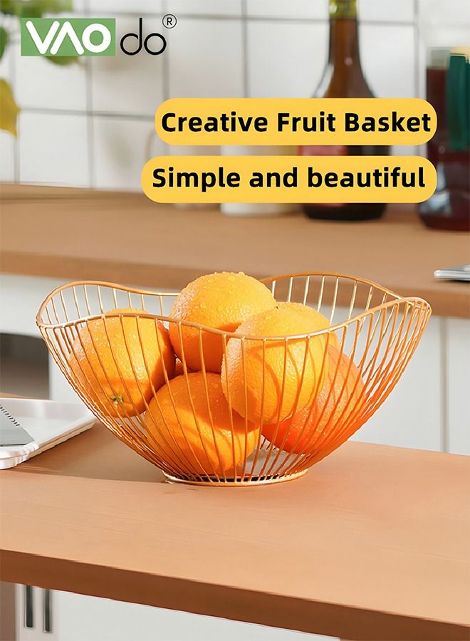 VAOdo Gold Hollowed Out Fruit Basket Iron Lotus Leaf Drain Basket Simple Large Capacity Kitchen Storage With Anti-skid Bottom Big  - Image 2