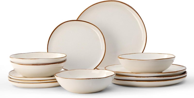 BEST ONE Bestone 12 Pieces Round Kitchen Dinnerware SetsPlates and Bowls SetsDishes Plates Bowls Dish Set Chip Resistant Ceramic Dinnerware Set DishwasherMicrowave SafeService for 4Pearl White - Image 1