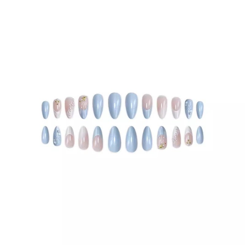 NBNTGH أظافر صناعية فرنسية بتصميم لؤلؤة نجمية 3D من Ocean Shell - أظافر مزيفة ملصقة صيفية متوسطة اللوز لامعة تغطي بالكامل للنساء 24 قطعة - Image 3