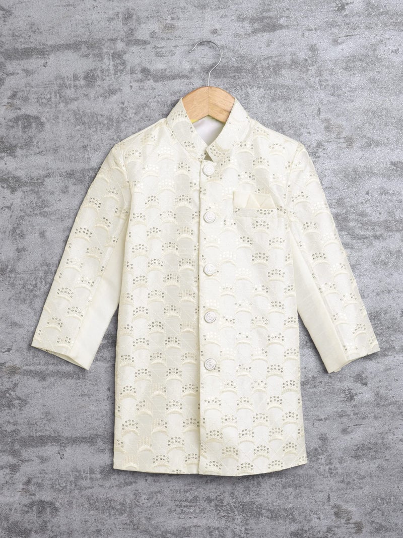 AHHAAAA Kids Ethnic Cotton Silk Blend Sequin Print Indo-Western Sherwani Set for Boys (Cream, 4-5 Years) 496MF, Floral - Image 4
