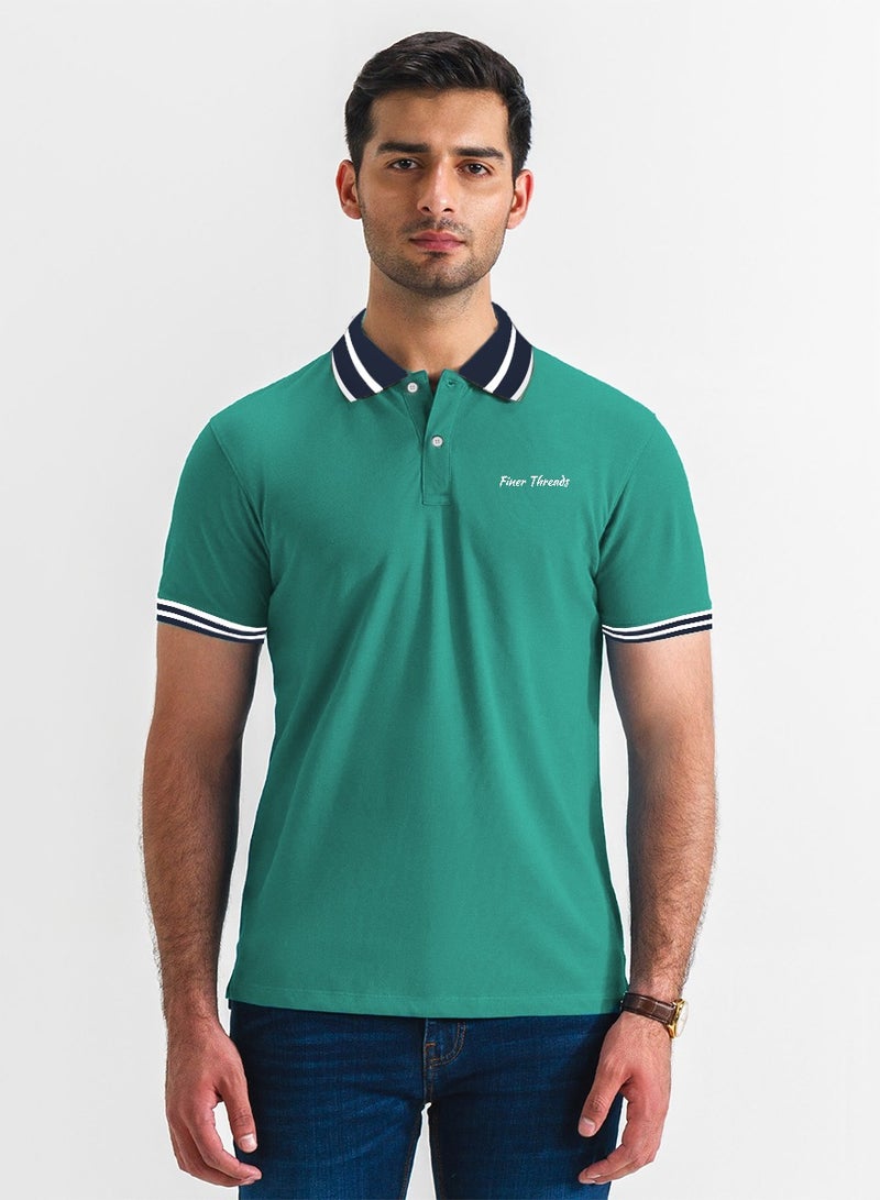 Finer Threads Green Men's Polo Shirt with Contrast Collar and Thin Stripes-Regular Fit (2XL) - Image 4