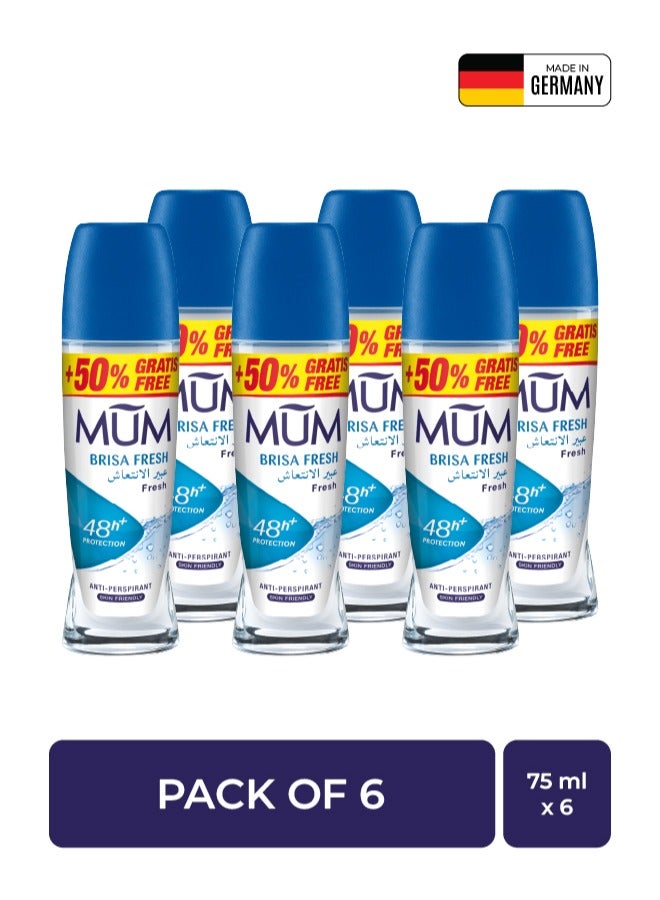 MUM Deodorant Roll-on - Brisa Fresh, 48-Hrs Protection, Quick Drying Formula For All Skin Type, Pack of 6, 75ml Each - Image 1