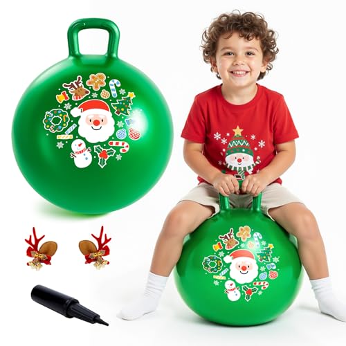 EVERICH TOY Hopper Ball for Kids 18In Sit On Bouncy Balls with Handle for Indoor Outdoor Active Play Green Christmas Inflatable Boys Girls Gifts for 4 5 6 7 8 Years Old with Christmas Reindeer Ears - Image 1