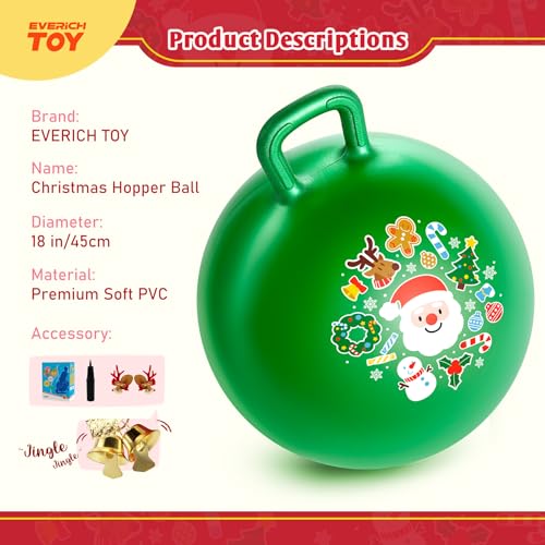EVERICH TOY Hopper Ball for Kids 18In Sit On Bouncy Balls with Handle for Indoor Outdoor Active Play Green Christmas Inflatable Boys Girls Gifts for 4 5 6 7 8 Years Old with Christmas Reindeer Ears - Image 5