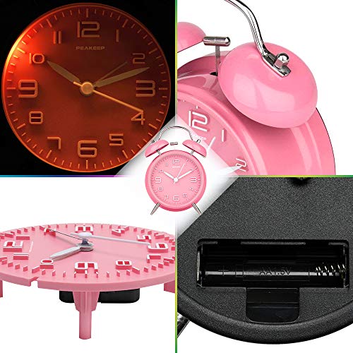 Peakeep 4 Inches Twin Bell Loud Alarm Clock for Heavy Sleepers Kids, Battery Operated Old Fashioned Alarm Clock (3D-Dial, Pink) - Image 5