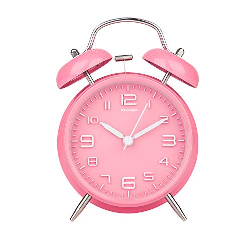 Peakeep 4 Inches Twin Bell Loud Alarm Clock for Heavy Sleepers Kids, Battery Operated Old Fashioned Alarm Clock (3D-Dial, Pink) - Image 2