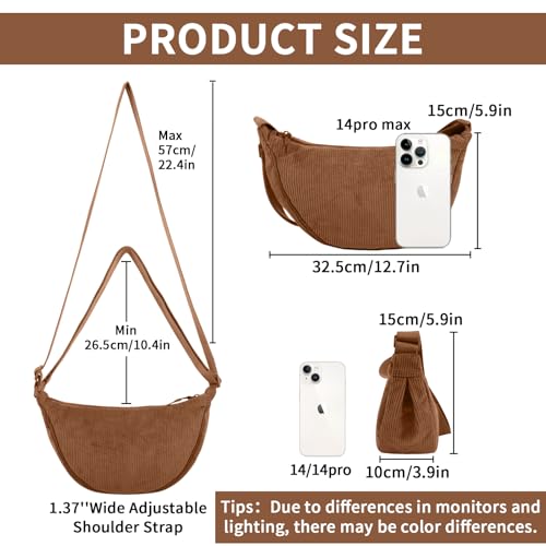 EVGLOW Corduroy Crescent Crossbody Bag for Women Purses Trendy Men,Small Hobo Sling bag Half Moon Shoulder Bag,Round Lightweight Waist Fanny Pack with Zip Adjustable Strap for Travel Daily Use(Small Brown) - Image 2