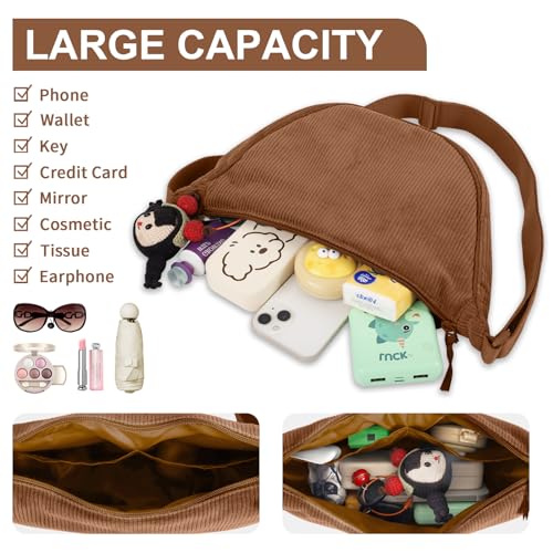 EVGLOW Corduroy Crescent Crossbody Bag for Women Purses Trendy Men,Small Hobo Sling bag Half Moon Shoulder Bag,Round Lightweight Waist Fanny Pack with Zip Adjustable Strap for Travel Daily Use(Small Brown) - Image 4