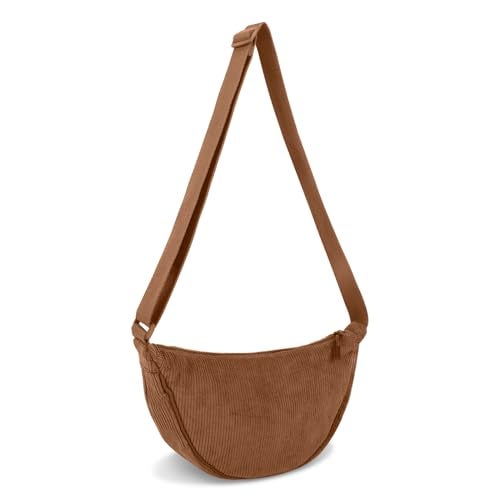 EVGLOW Corduroy Crescent Crossbody Bag for Women Purses Trendy Men,Small Hobo Sling bag Half Moon Shoulder Bag,Round Lightweight Waist Fanny Pack with Zip Adjustable Strap for Travel Daily Use(Small Brown) - Image 1