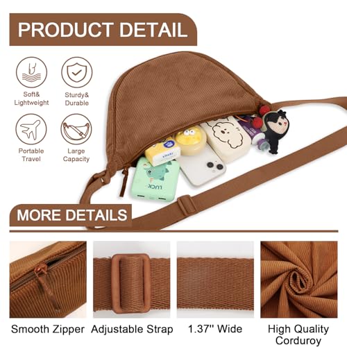 EVGLOW Corduroy Crescent Crossbody Bag for Women Purses Trendy Men,Small Hobo Sling bag Half Moon Shoulder Bag,Round Lightweight Waist Fanny Pack with Zip Adjustable Strap for Travel Daily Use(Small Brown) - Image 3