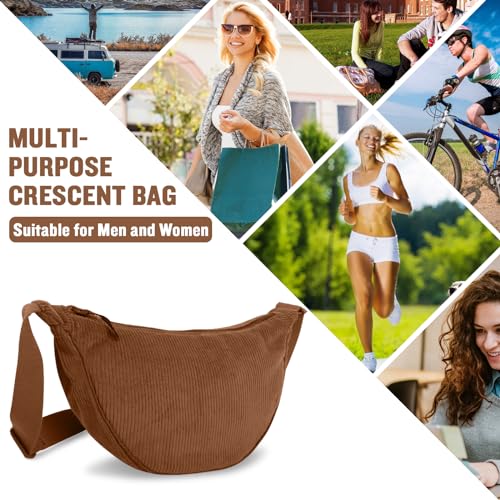 EVGLOW Corduroy Crescent Crossbody Bag for Women Purses Trendy Men,Small Hobo Sling bag Half Moon Shoulder Bag,Round Lightweight Waist Fanny Pack with Zip Adjustable Strap for Travel Daily Use(Small Brown) - Image 5