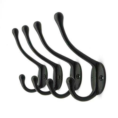 Craftsman Road Vintage Cast Iron Wall Hooks (Black Texture Finish, Set of 4) - Rustic, Farmhouse Coat Hooks | Great for Coats, Bags, Towels, Hats | Classic Slender - Image 1