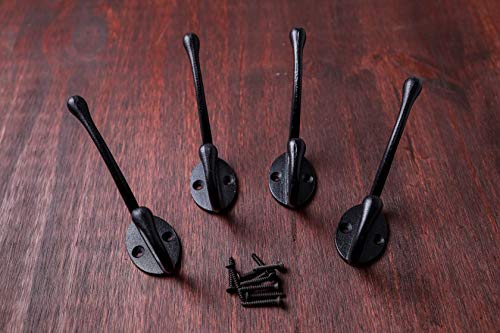 Craftsman Road Vintage Cast Iron Wall Hooks (Black Texture Finish, Set of 4) - Rustic, Farmhouse Coat Hooks | Great for Coats, Bags, Towels, Hats | Classic Slender - Image 3