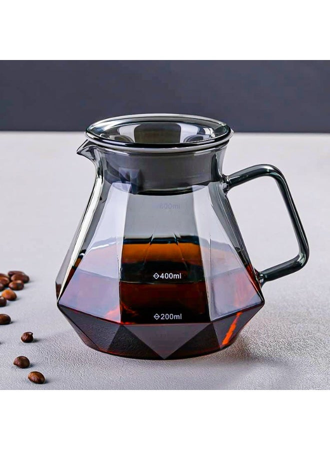 OMRAN CART Diamond-Shaped Coffee Server Pot with Lid – 600ml Heat-Resistant Smoky Grey Glass, Size 02, Elegant Carafe for Pour Over, V60, and Drip Coffee Brewing - Image 1