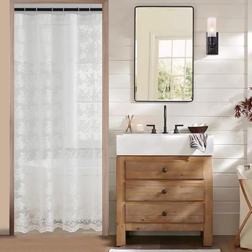 TUDECO White Stall Size Shower Curtain - Country Lace Shower Curtain 36 x 72 Inch with Attach Valance, Luxury Floral Small RV Narrow Bathroom Decor Half Size 36 x 72 Inch - Image 1