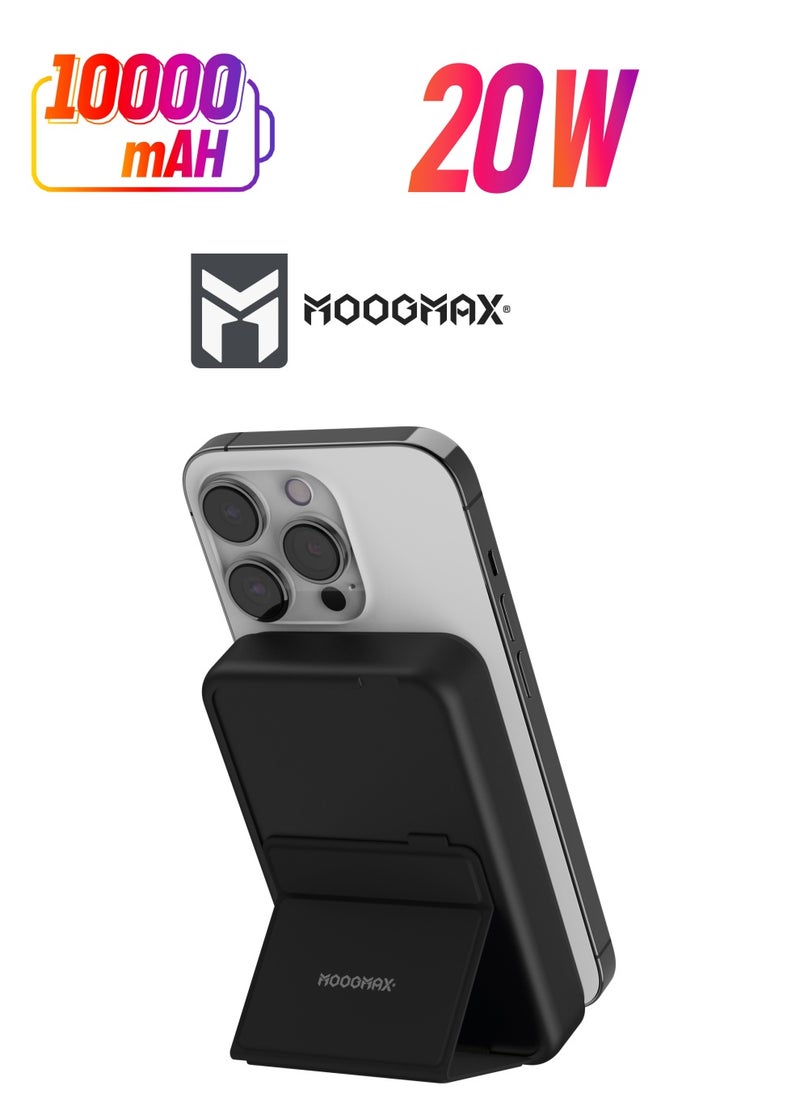 MOOGMAX - Sanita 10000mAh wireless power bank with a back stand, supports fast charging with a Type-C port 20W, and wireless charging Can Charge your phone & watch at the same time (Apple watches only). Black - Image 1