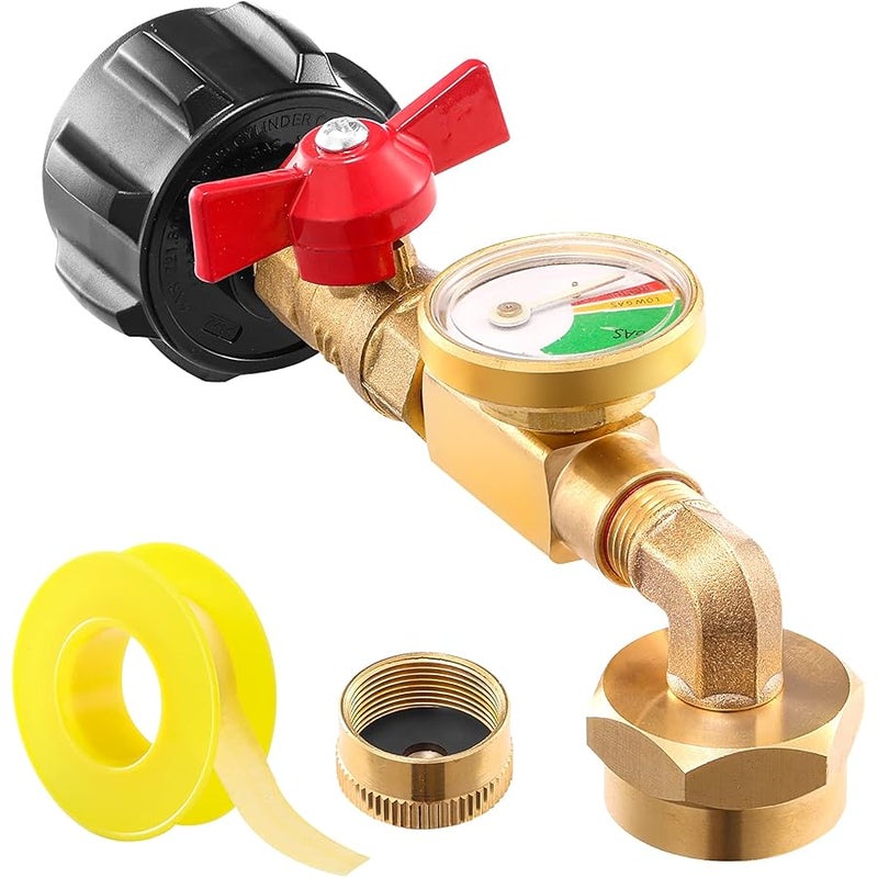 Catilon QCC1 Propane Refill Elbow Adapter with Propane Tank Gauge, 90 Degrees Propane Refill Adapter with ON-Off Control Valve, for Camping Grill 1LB Bottle Tank 20-40LBS Cylinder - Image 1