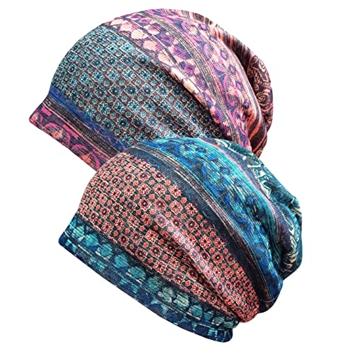 Qunson Women's Printed Baggy Slouchy Beanie Chemo Hat Cap Pack of 2 - Image 1