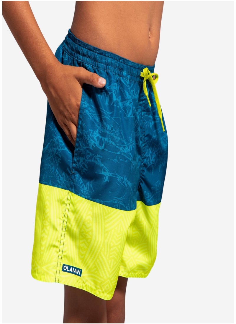 OLAIAN OLAIAN by DECATHLON, Boys’ surfing swim shorts with pockets - 100 Stories blue yellow  - Image 1
