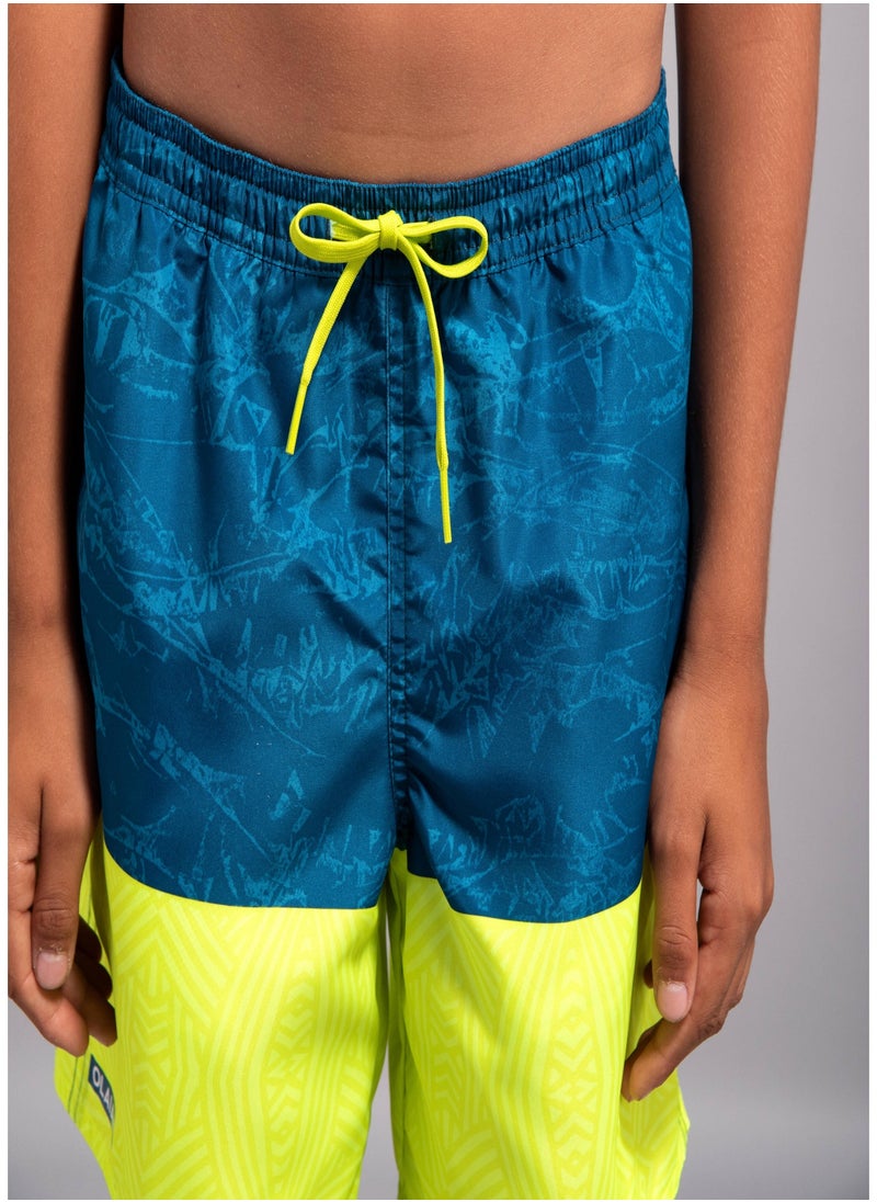 OLAIAN OLAIAN by DECATHLON, Boys’ surfing swim shorts with pockets - 100 Stories blue yellow  - Image 3