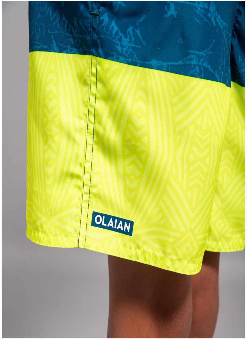 OLAIAN OLAIAN by DECATHLON, Boys’ surfing swim shorts with pockets - 100 Stories blue yellow  - Image 2