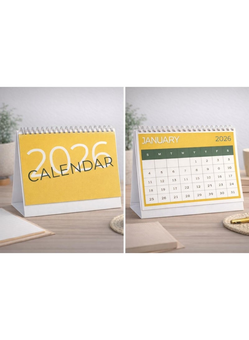 تقويم مكتبي 2026، تقويم طاولة بحلقات لولبية، لون أصفر، تقويم شهري واقف
