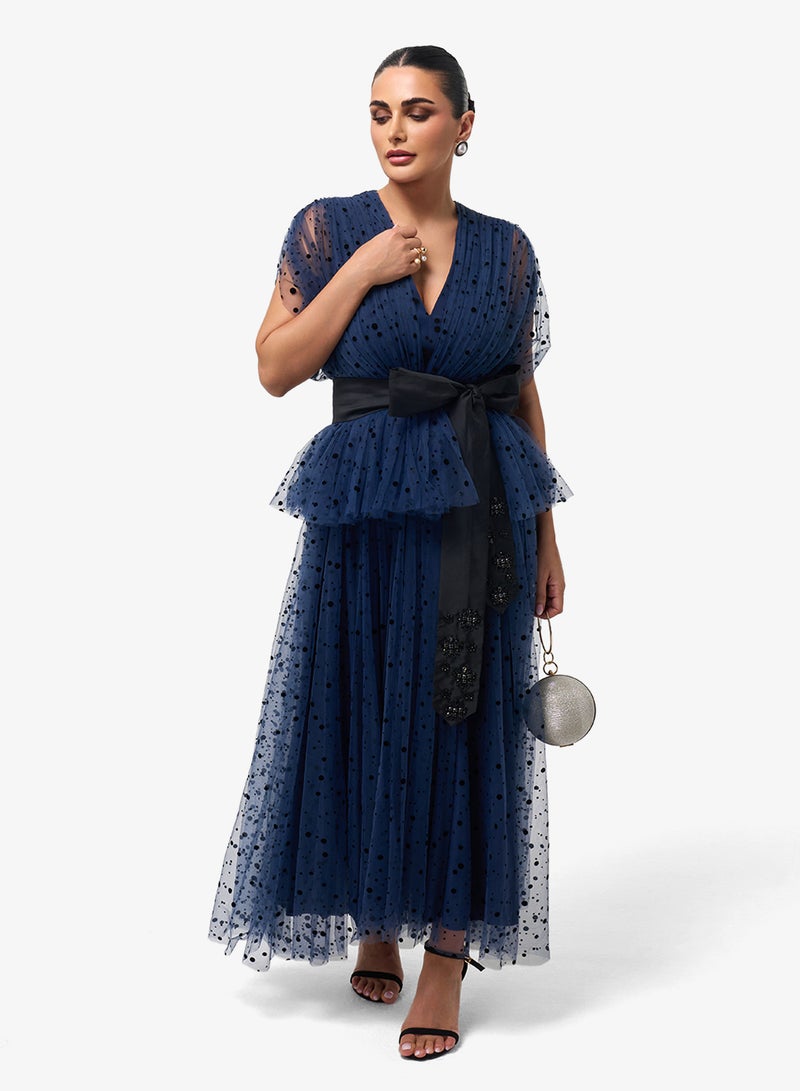 Threadz by Ajooni V-Neck Mesh Detail Maxi Dress - Image 1