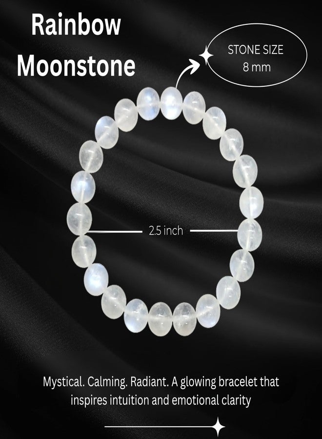 Blue bijoux Rainbow Moonstone 8 MM Round Reiki Healing Crystal Stretch Bracelet | For Supporting New Beginnings In Life | Activating the Crown Chakra Connecting with Feminine Energy | Men & Women - Image 4