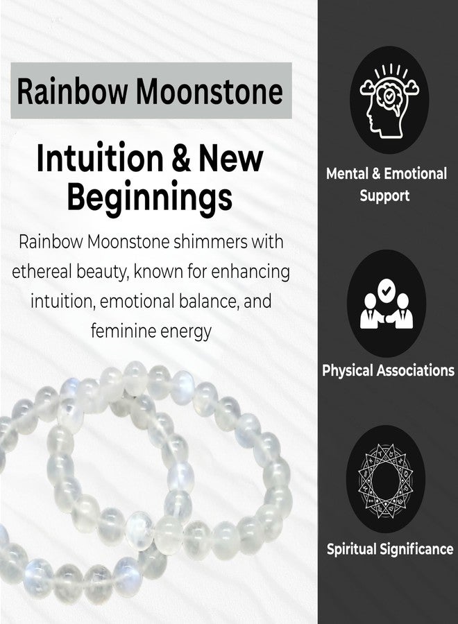 Blue bijoux Rainbow Moonstone 8 MM Round Reiki Healing Crystal Stretch Bracelet | For Supporting New Beginnings In Life | Activating the Crown Chakra Connecting with Feminine Energy | Men & Women - Image 2