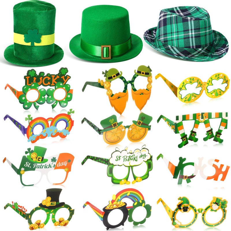 Croknit St Patricks Day Hats Shamrock Glasses Set Green Top Costume Hat Glasses with Hairpin Clover Hat for Adult21 PcsClassic Style - Image 2