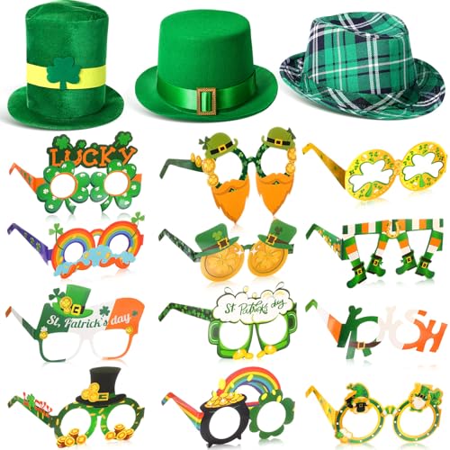 Croknit St Patricks Day Hats Shamrock Glasses Set Green Top Costume Hat Glasses with Hairpin Clover Hat for Adult21 PcsClassic Style - Image 1