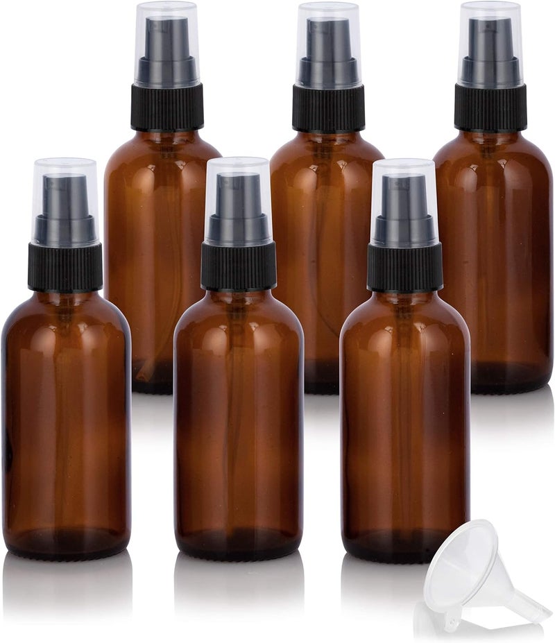 JUVITUS 2 oz Amber Glass Boston Round Black Treatment Pump Bottle (6 pack) + Funnel Refillable Empty Storage Containers Practical design alternatives - Image 1