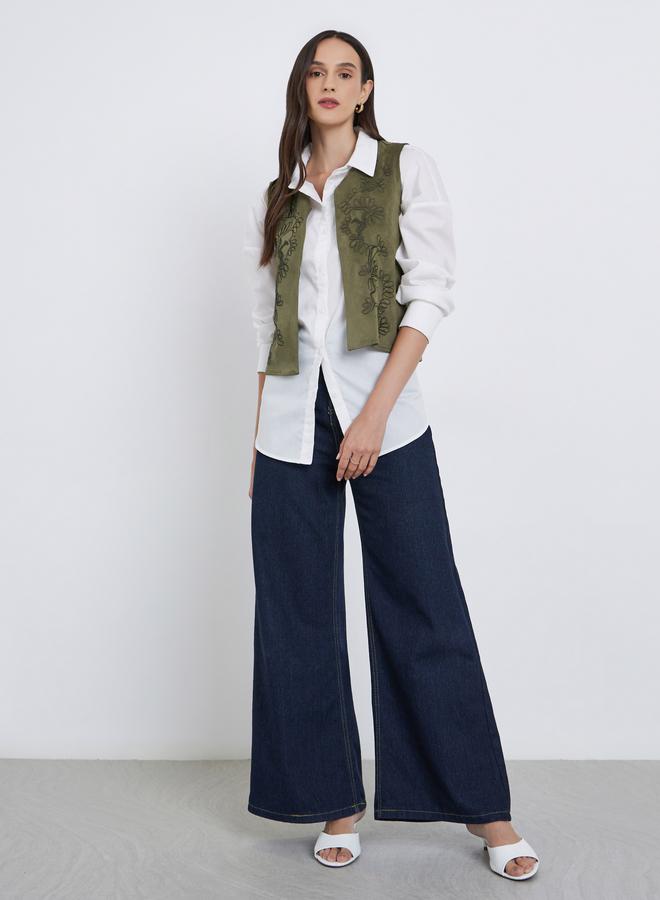 Styli Green Embroidered Velvet Look Waistcoat - Image 2