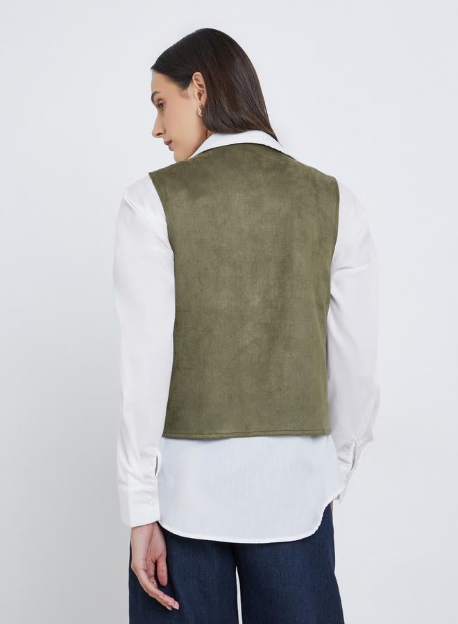 Styli Green Embroidered Velvet Look Waistcoat - Image 4