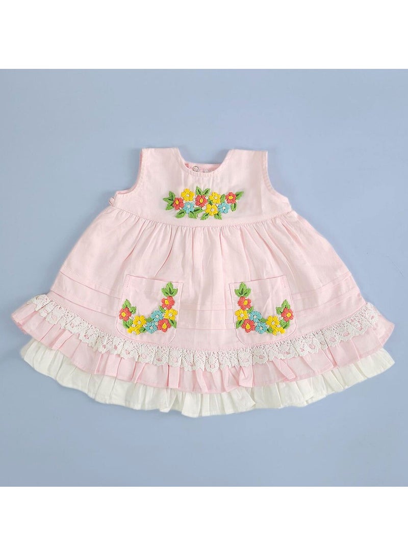 Keebee Organic Cotton Flowers Hand-Embroidered Baby Pink Girls Peony Dress - Image 1