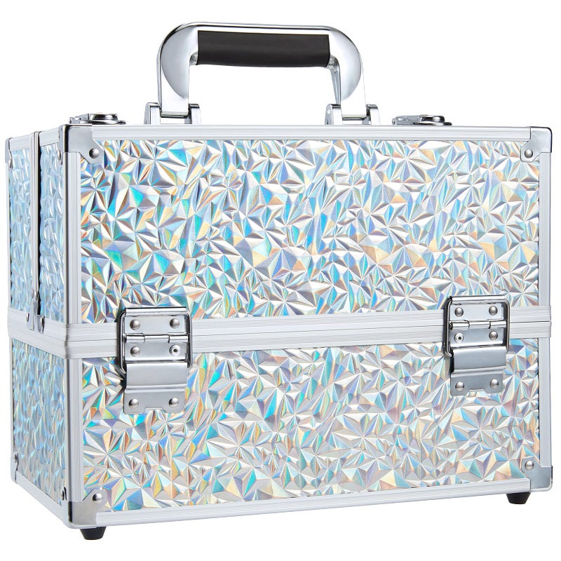 FRENESSA Makeup Case Cosmetic Train Case Organizer 11.8 Inch Large Makeup Box Travel Storage Make Up Train Carrying Case with 6 Trays Locking Hard Vanity Storage Glitter Silver - Image 1