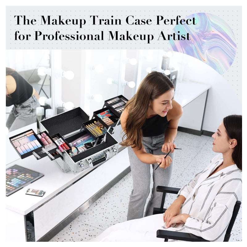 FRENESSA Makeup Case Cosmetic Train Case Organizer 11.8 Inch Large Makeup Box Travel Storage Make Up Train Carrying Case with 6 Trays Locking Hard Vanity Storage Glitter Silver - Image 2