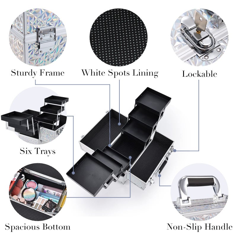 FRENESSA Makeup Case Cosmetic Train Case Organizer 11.8 Inch Large Makeup Box Travel Storage Make Up Train Carrying Case with 6 Trays Locking Hard Vanity Storage Glitter Silver - Image 4