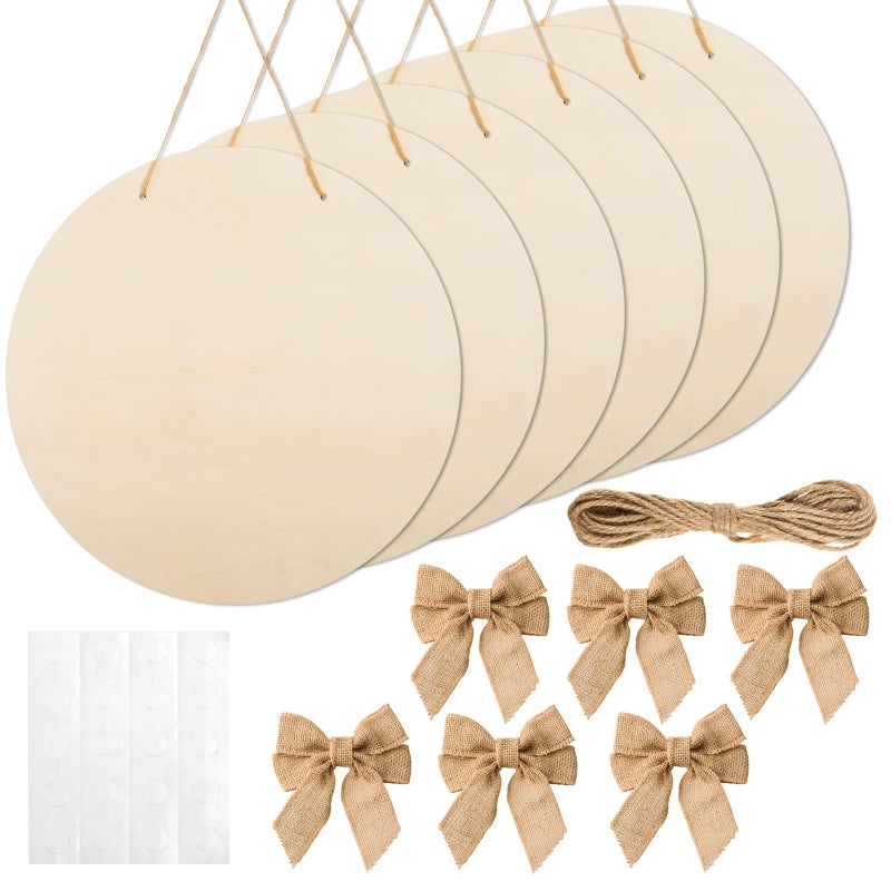 12 Pcs 16 Inch Wood Circles for Crafts Unfinished Round Wood Discs Blank Wooden Rounds Slices Round Wooden Door Hanger Signs with Bows Twine and Glue Points for DIY Craft Holiday Decor5 mm Thick