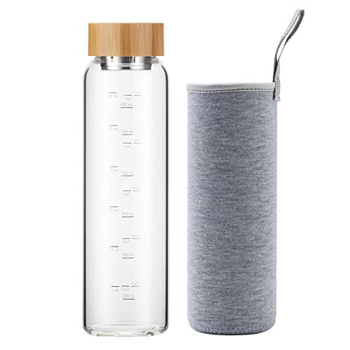 sunkey Glass Water Bottle 32 oz Wide Mouth with Sleeve Bamboo Lid Motivational Water Bottle With Time Marker Reusable Safe for Hot Cold Drinks Bpa Free (Gray) - Image 1