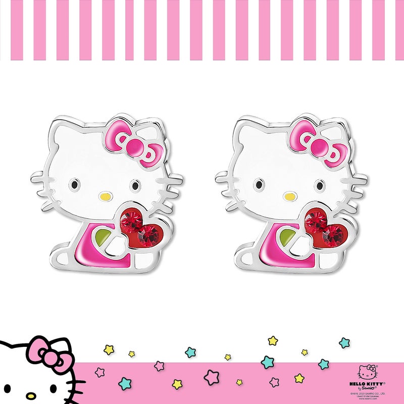 Hello Kitty أقراط هالو كيتي الرسمية للنساء، أقراط هالو كيتي المطلية بالفضة مع قلب كريستالي أحمر، - Image 3