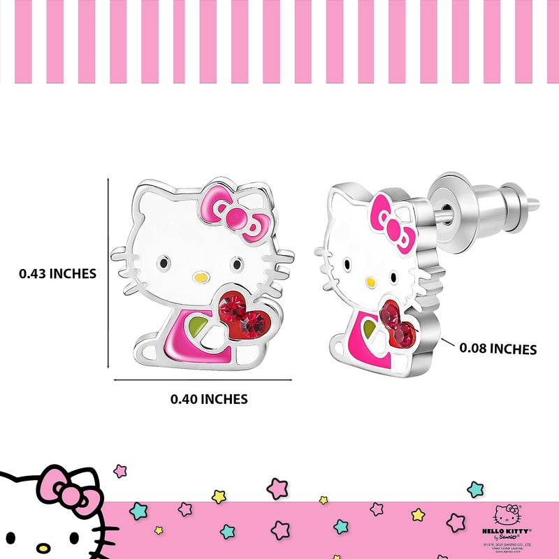 Hello Kitty أقراط هالو كيتي الرسمية للنساء، أقراط هالو كيتي المطلية بالفضة مع قلب كريستالي أحمر، - Image 4