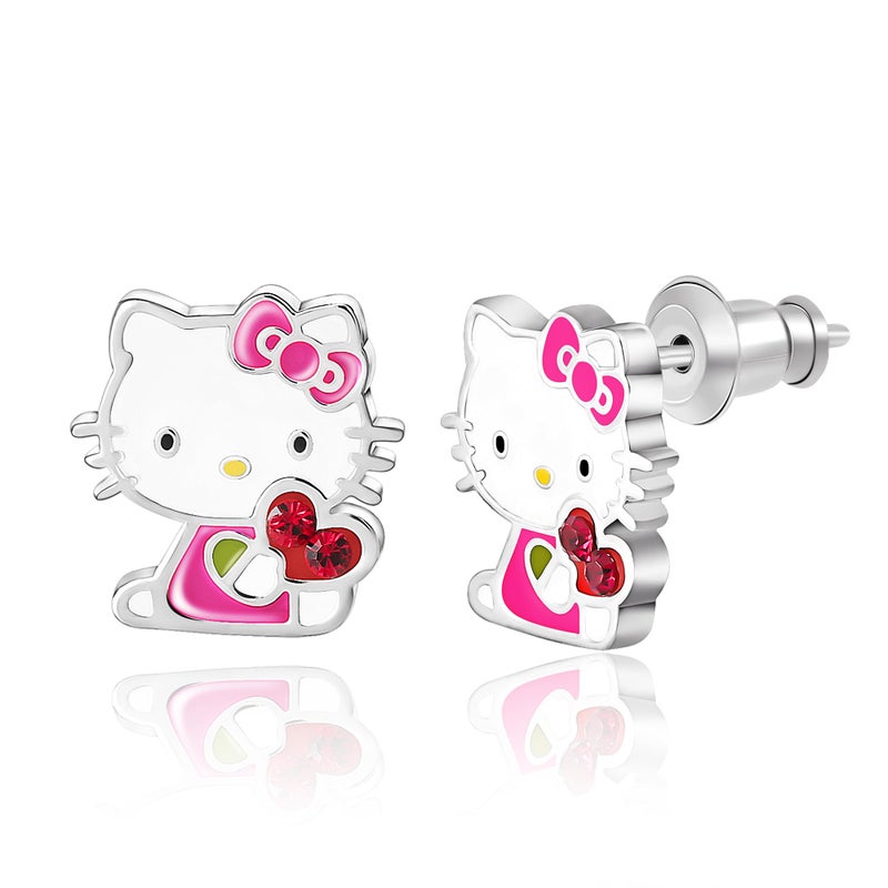 Hello Kitty أقراط هالو كيتي الرسمية للنساء، أقراط هالو كيتي المطلية بالفضة مع قلب كريستالي أحمر، - Image 1