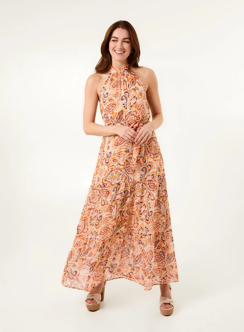 بلو فانيلا فستان ماكسي بياقة هالتر وحزام خصر