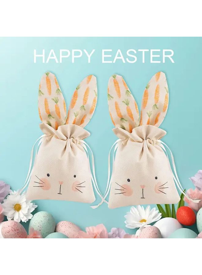 10 Pcs Easter Linen Gift Bags With Drawstrings Carrot Print Rabbit Ears Design For Eggs Toys Party Weddings - Image 1