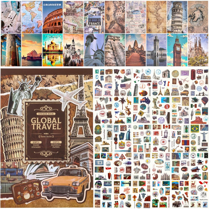 Auguro Scrapbook Stickers - 300 Pre-Cut Washi Stickers & 20 Scrapbook Papers for Travel Journaling - Image 1