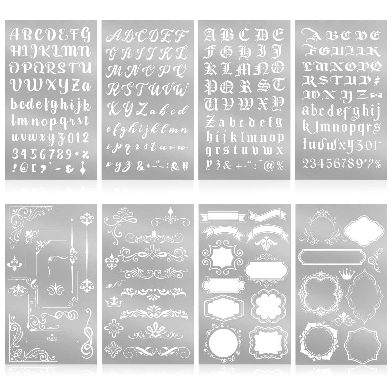Lewtemi Lewtemi 8 Pcs 4 x 7 Inch Metal Letter Number Stencils Stainless Steel Metal Alphabet Stencils for Engraving Painting Journaling Bookmark Flower Vines DIYStylish Style 
