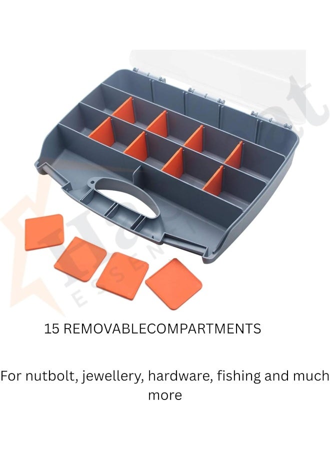 HASANAT ESSENTIALS Essentials Plastic Storage Tool Box Organizer with Handle and Clear Lid â€“ 15 Adjustable Compartments & 2 Fixed Sections for Screws, Nails, Nuts, Bolts  - Image 2