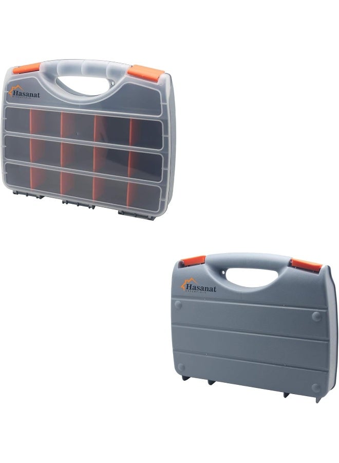 HASANAT ESSENTIALS Essentials Plastic Storage Tool Box Organizer with Handle and Clear Lid â€“ 15 Adjustable Compartments & 2 Fixed Sections for Screws, Nails, Nuts, Bolts  - Image 1