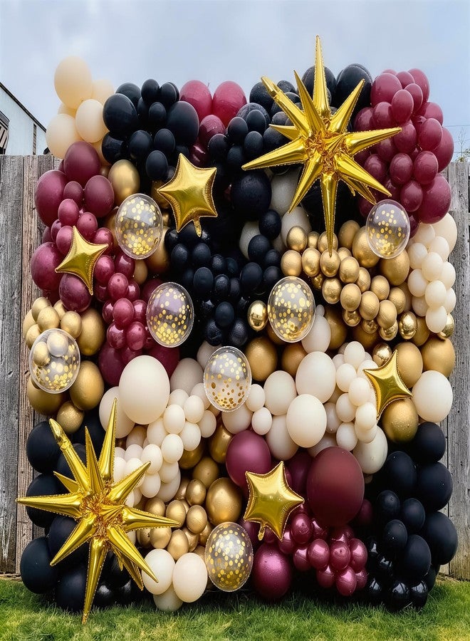 Froova Black Burgundy Gold Balloons Arch Kit Maroon Red Burgundy Black Sand White Metallic Gold Confetti Balloons Explosion Star Balloon for Graduation Prom Anniversary Wine Birthday Party Decoration - Image 5